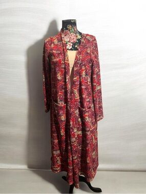 LuLaRoe Sarah Duster Cardigan Size Large L Red Multicolor Paisley Pockets Long